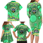Canberra Raiders Family Matching Long Sleeve Bodycon Dress and Hawaiian Shirt Aboriginal Dot Pattern - Rugby Mascot Heritage Pride