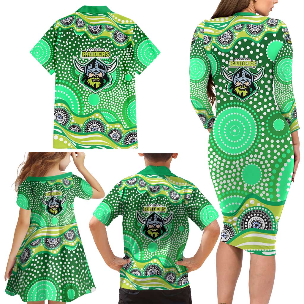 Canberra Raiders Family Matching Long Sleeve Bodycon Dress and Hawaiian Shirt Aboriginal Dot Pattern - Rugby Mascot Heritage Pride