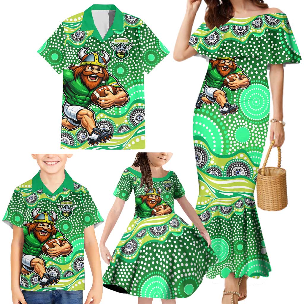 Canberra Raiders Family Matching Mermaid Dress and Hawaiian Shirt Aboriginal Dot Pattern - Rugby Mascot Heritage Pride
