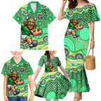 Canberra Raiders Family Matching Mermaid Dress and Hawaiian Shirt Aboriginal Dot Pattern - Rugby Mascot Heritage Pride