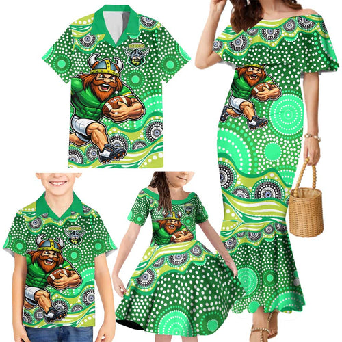 Canberra Raiders Family Matching Mermaid Dress and Hawaiian Shirt Aboriginal Dot Pattern - Rugby Mascot Heritage Pride
