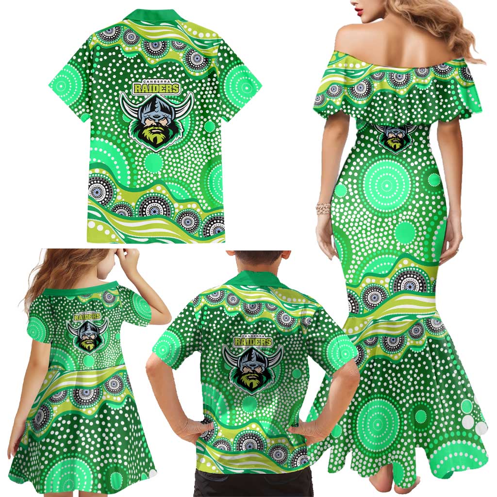 Canberra Raiders Family Matching Mermaid Dress and Hawaiian Shirt Aboriginal Dot Pattern - Rugby Mascot Heritage Pride