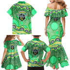 Canberra Raiders Family Matching Mermaid Dress and Hawaiian Shirt Aboriginal Dot Pattern - Rugby Mascot Heritage Pride