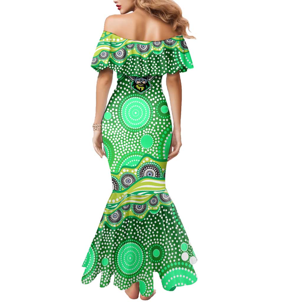 Canberra Raiders Family Matching Mermaid Dress and Hawaiian Shirt Aboriginal Dot Pattern - Rugby Mascot Heritage Pride