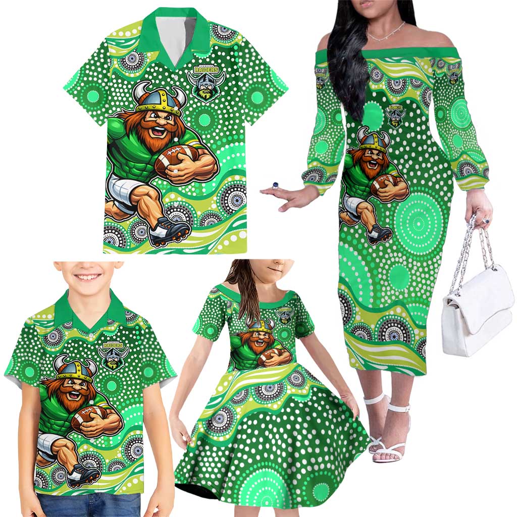 Canberra Raiders Family Matching Off The Shoulder Long Sleeve Dress and Hawaiian Shirt Aboriginal Dot Pattern - Rugby Mascot Heritage Pride