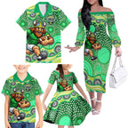 Canberra Raiders Family Matching Off The Shoulder Long Sleeve Dress and Hawaiian Shirt Aboriginal Dot Pattern - Rugby Mascot Heritage Pride