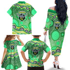 Canberra Raiders Family Matching Off The Shoulder Long Sleeve Dress and Hawaiian Shirt Aboriginal Dot Pattern - Rugby Mascot Heritage Pride