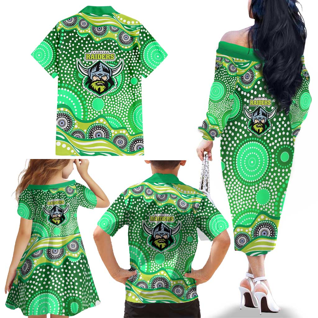 Canberra Raiders Family Matching Off The Shoulder Long Sleeve Dress and Hawaiian Shirt Aboriginal Dot Pattern - Rugby Mascot Heritage Pride
