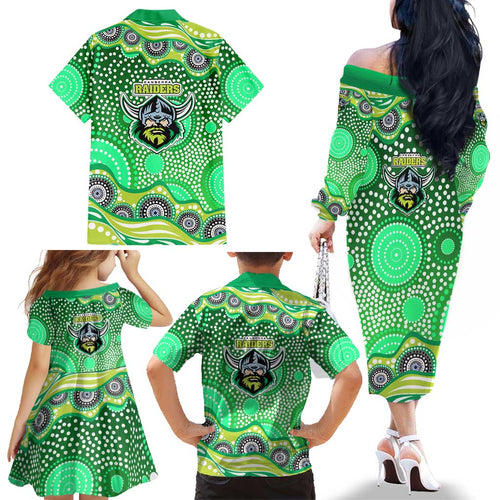 Canberra Raiders Family Matching Off The Shoulder Long Sleeve Dress and Hawaiian Shirt Aboriginal Dot Pattern - Rugby Mascot Heritage Pride