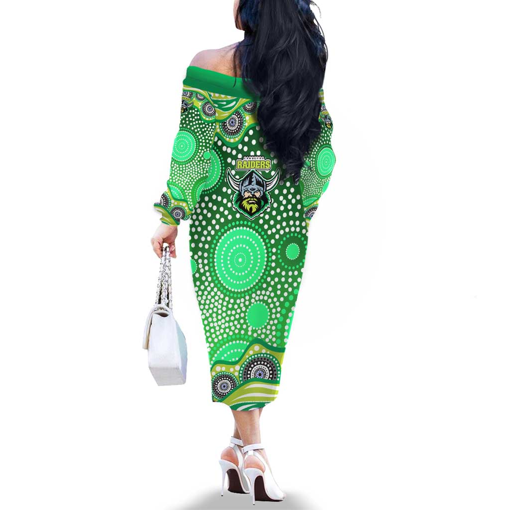 Canberra Raiders Family Matching Off The Shoulder Long Sleeve Dress and Hawaiian Shirt Aboriginal Dot Pattern - Rugby Mascot Heritage Pride