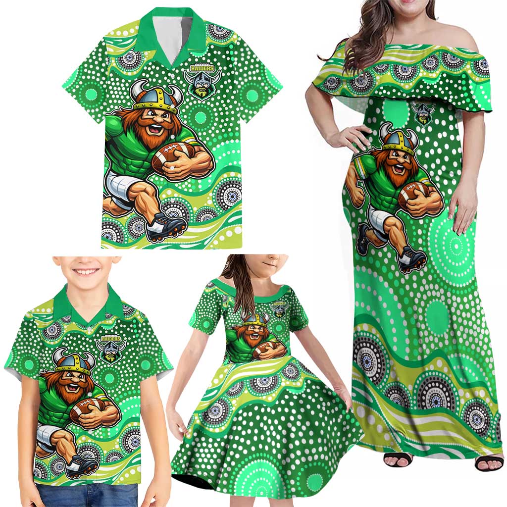 Canberra Raiders Family Matching Off Shoulder Maxi Dress and Hawaiian Shirt Aboriginal Dot Pattern - Rugby Mascot Heritage Pride