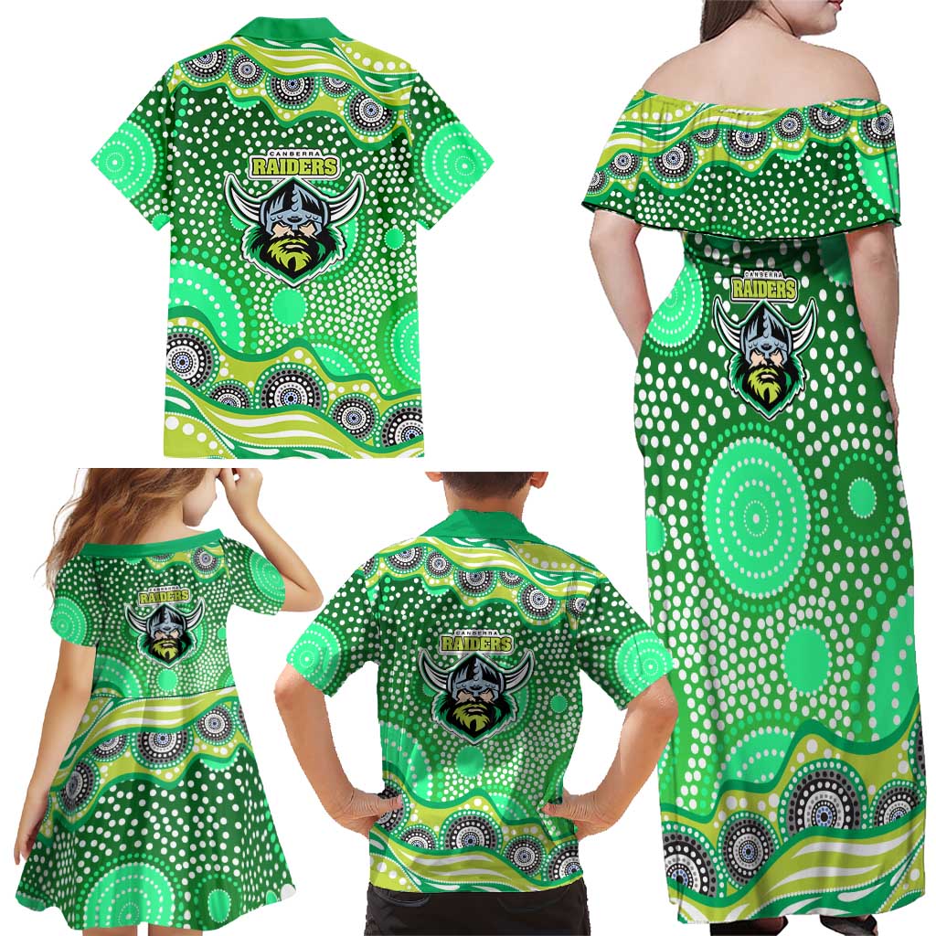 Canberra Raiders Family Matching Off Shoulder Maxi Dress and Hawaiian Shirt Aboriginal Dot Pattern - Rugby Mascot Heritage Pride