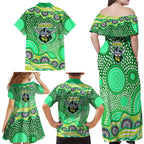 Canberra Raiders Family Matching Off Shoulder Maxi Dress and Hawaiian Shirt Aboriginal Dot Pattern - Rugby Mascot Heritage Pride