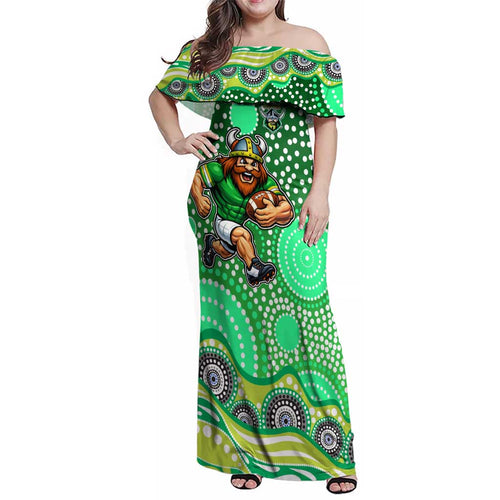 Canberra Raiders Family Matching Off Shoulder Maxi Dress and Hawaiian Shirt Aboriginal Dot Pattern - Rugby Mascot Heritage Pride