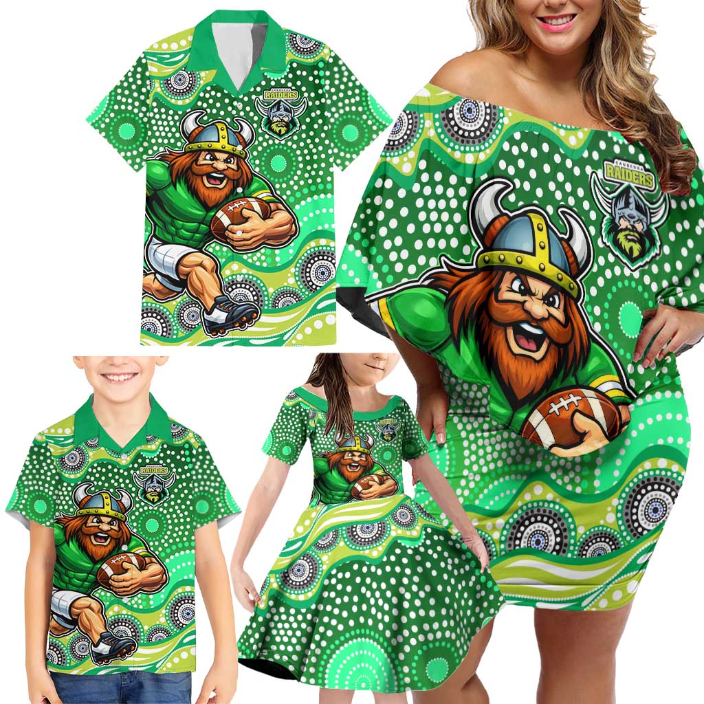 Canberra Raiders Family Matching Off Shoulder Short Dress and Hawaiian Shirt Aboriginal Dot Pattern - Rugby Mascot Heritage Pride