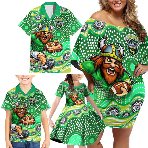 Canberra Raiders Family Matching Off Shoulder Short Dress and Hawaiian Shirt Aboriginal Dot Pattern - Rugby Mascot Heritage Pride