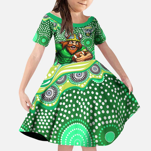 Canberra Raiders Family Matching Off Shoulder Short Dress and Hawaiian Shirt Aboriginal Dot Pattern - Rugby Mascot Heritage Pride