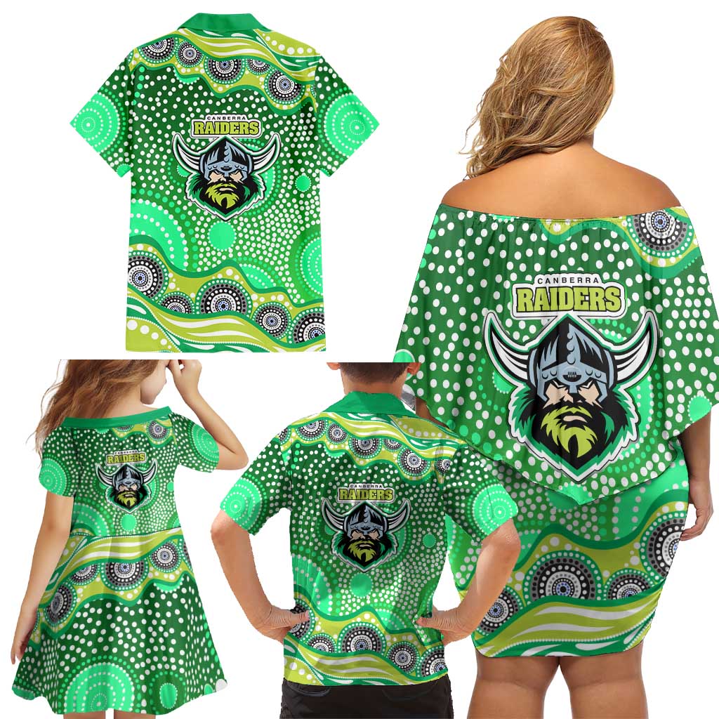 Canberra Raiders Family Matching Off Shoulder Short Dress and Hawaiian Shirt Aboriginal Dot Pattern - Rugby Mascot Heritage Pride
