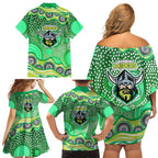 Canberra Raiders Family Matching Off Shoulder Short Dress and Hawaiian Shirt Aboriginal Dot Pattern - Rugby Mascot Heritage Pride