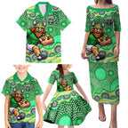 Canberra Raiders Family Matching Puletasi and Hawaiian Shirt Aboriginal Dot Pattern - Rugby Mascot Heritage Pride