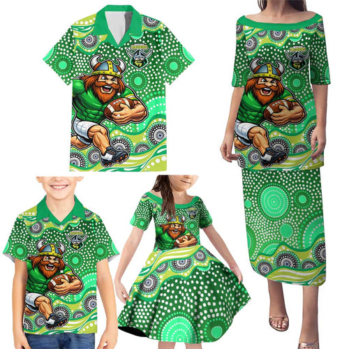 Canberra Raiders Family Matching Puletasi and Hawaiian Shirt Aboriginal Dot Pattern - Rugby Mascot Heritage Pride