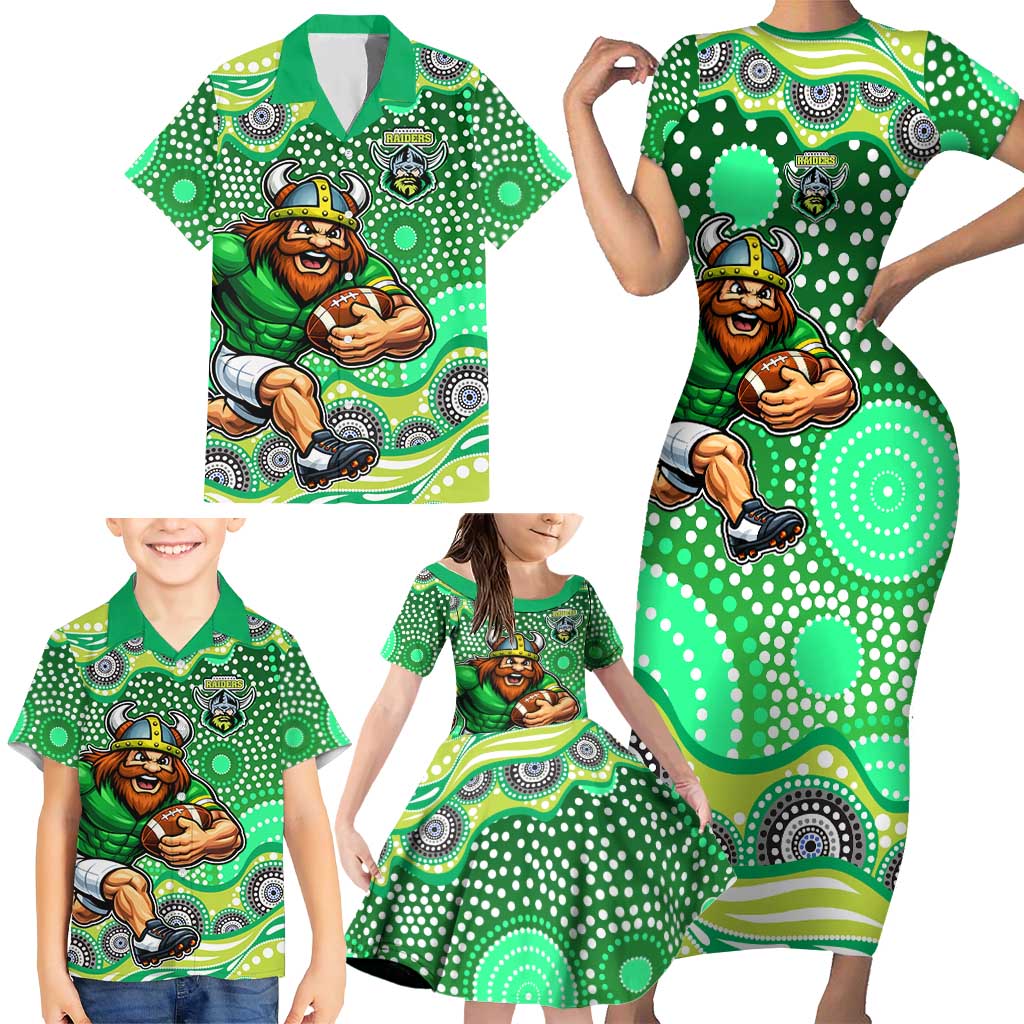 Canberra Raiders Family Matching Short Sleeve Bodycon Dress and Hawaiian Shirt Aboriginal Dot Pattern - Rugby Mascot Heritage Pride