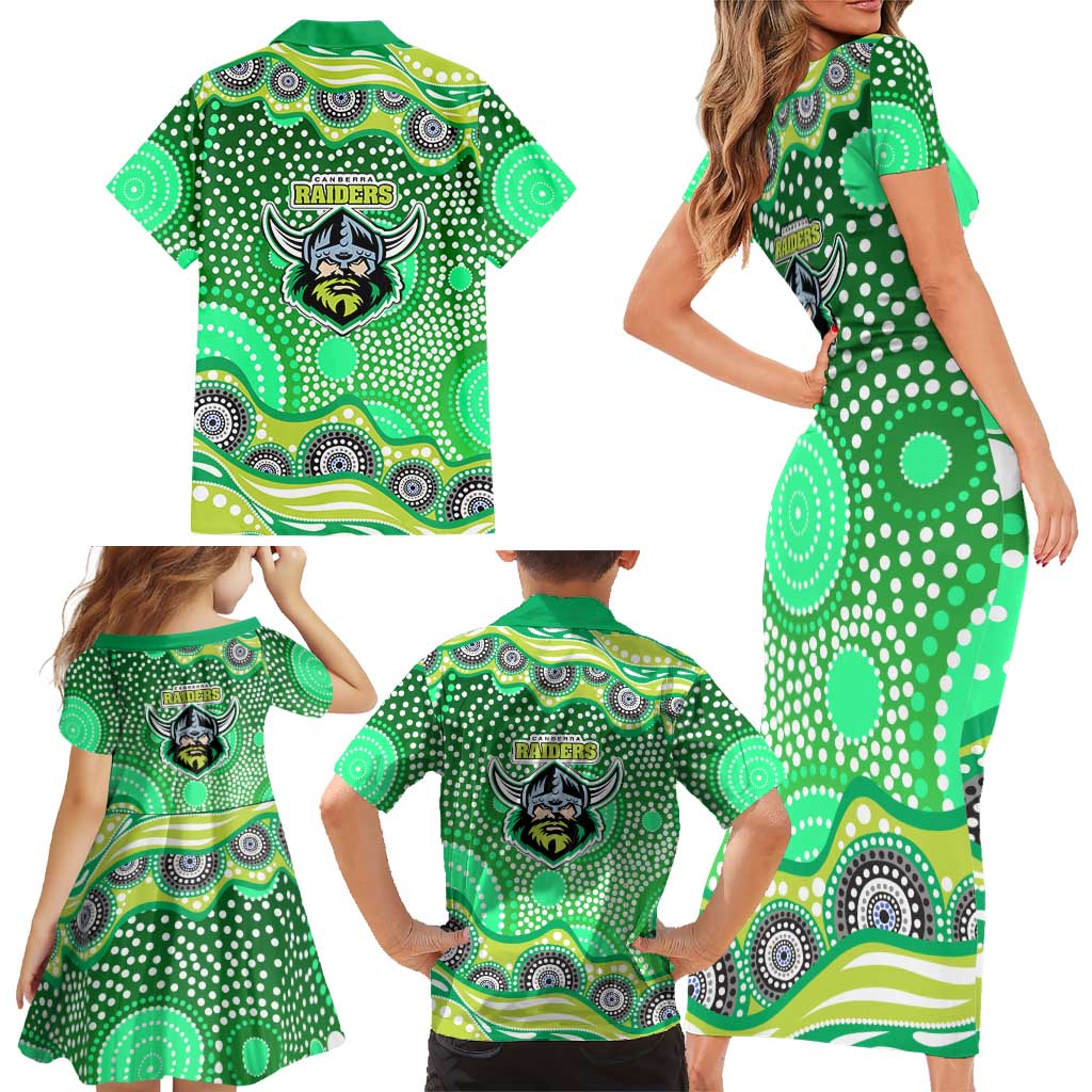 Canberra Raiders Family Matching Short Sleeve Bodycon Dress and Hawaiian Shirt Aboriginal Dot Pattern - Rugby Mascot Heritage Pride