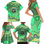 Canberra Raiders Family Matching Short Sleeve Bodycon Dress and Hawaiian Shirt Aboriginal Dot Pattern - Rugby Mascot Heritage Pride