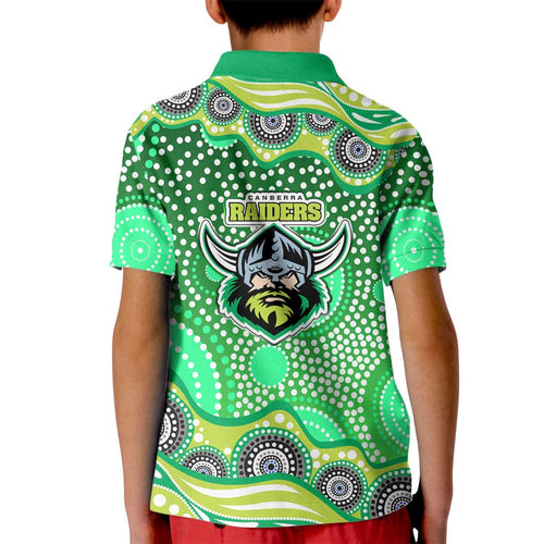 Canberra Raiders Kid Polo Shirt Aboriginal Dot Pattern - Rugby Mascot Heritage Pride