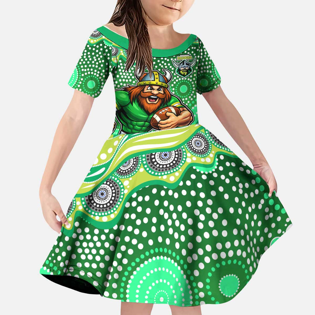 Canberra Raiders Kid Short Sleeve Dress Aboriginal Dot Pattern - Rugby Mascot Heritage Pride