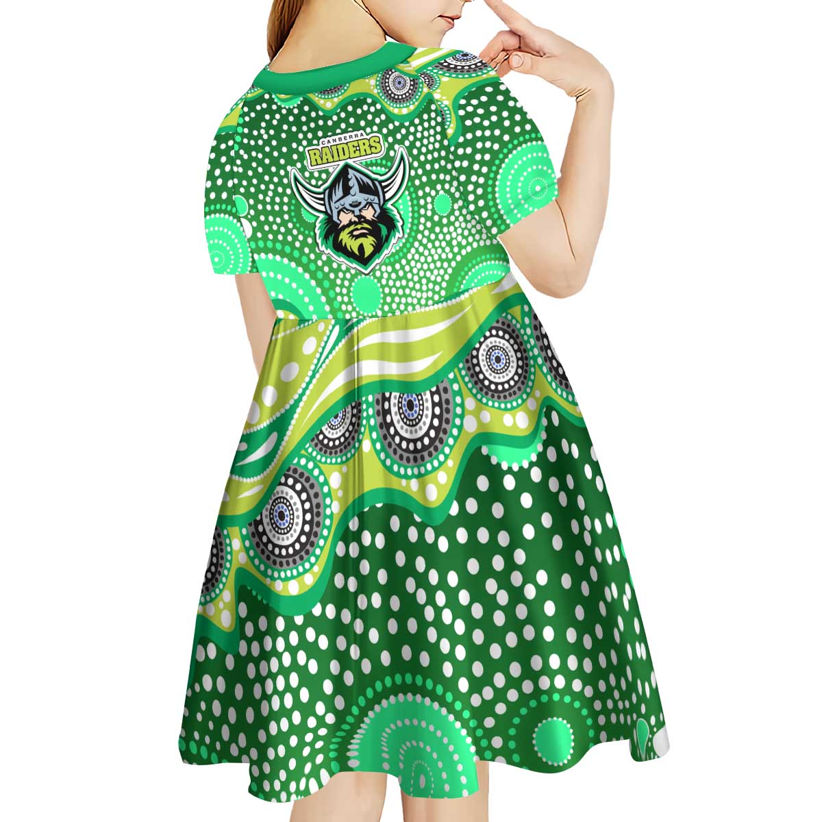Canberra Raiders Kid Short Sleeve Dress Aboriginal Dot Pattern - Rugby Mascot Heritage Pride