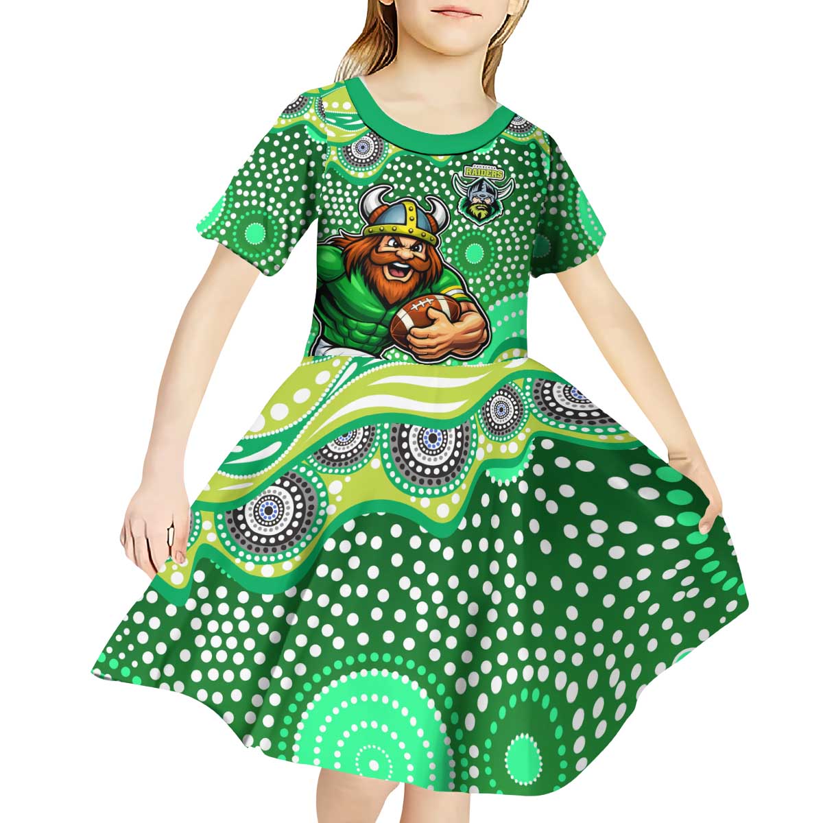 Canberra Raiders Kid Short Sleeve Dress Aboriginal Dot Pattern - Rugby Mascot Heritage Pride
