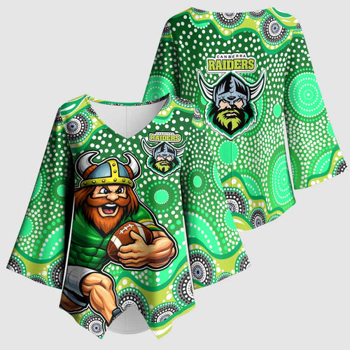Canberra Raiders Kimono Sleeve Blouse Aboriginal Dot Pattern - Rugby Mascot Heritage Pride