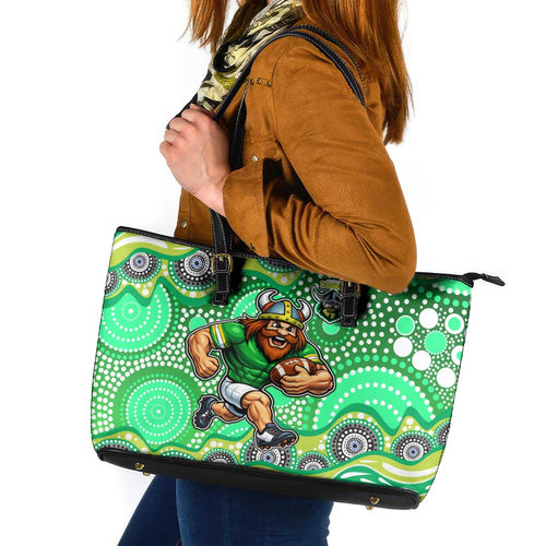 Canberra Raiders Leather Tote Bag Aboriginal Dot Pattern - Rugby Mascot Heritage Pride