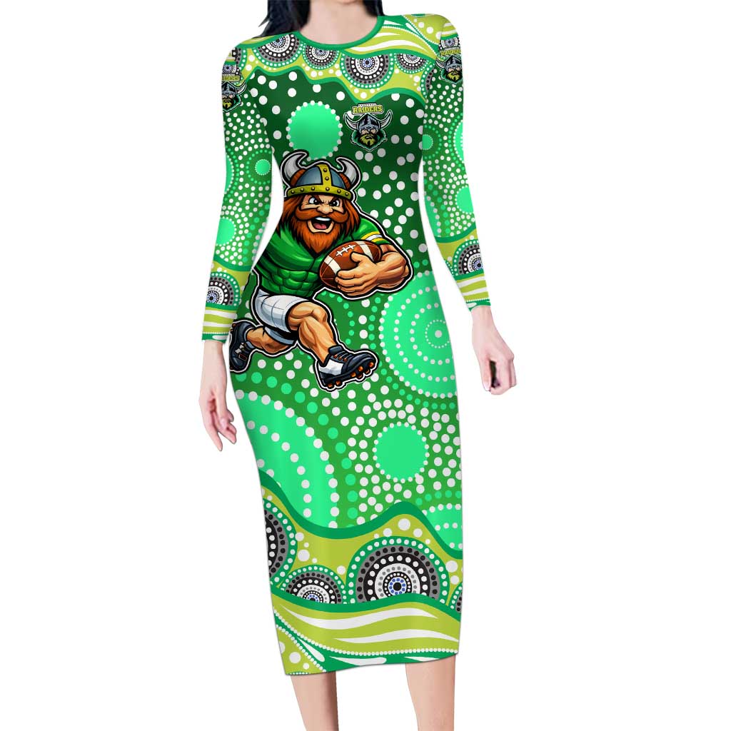 Canberra Raiders Long Sleeve Bodycon Dress Aboriginal Dot Pattern - Rugby Mascot Heritage Pride