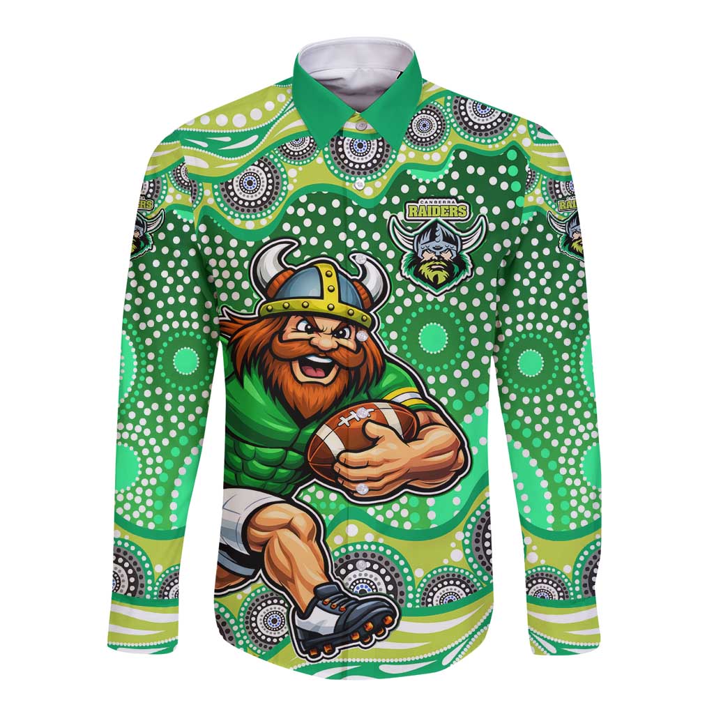 Canberra Raiders Long Sleeve Button Shirt Aboriginal Dot Pattern - Rugby Mascot Heritage Pride