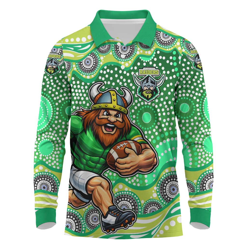 Canberra Raiders Long Sleeve Polo Shirt Aboriginal Dot Pattern - Rugby Mascot Heritage Pride