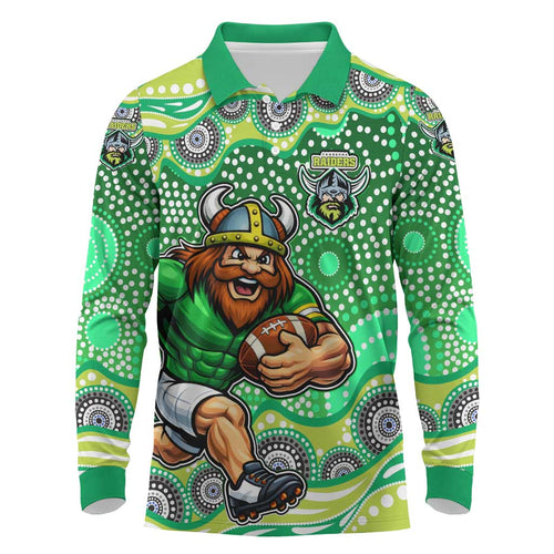Canberra Raiders Long Sleeve Polo Shirt Aboriginal Dot Pattern - Rugby Mascot Heritage Pride