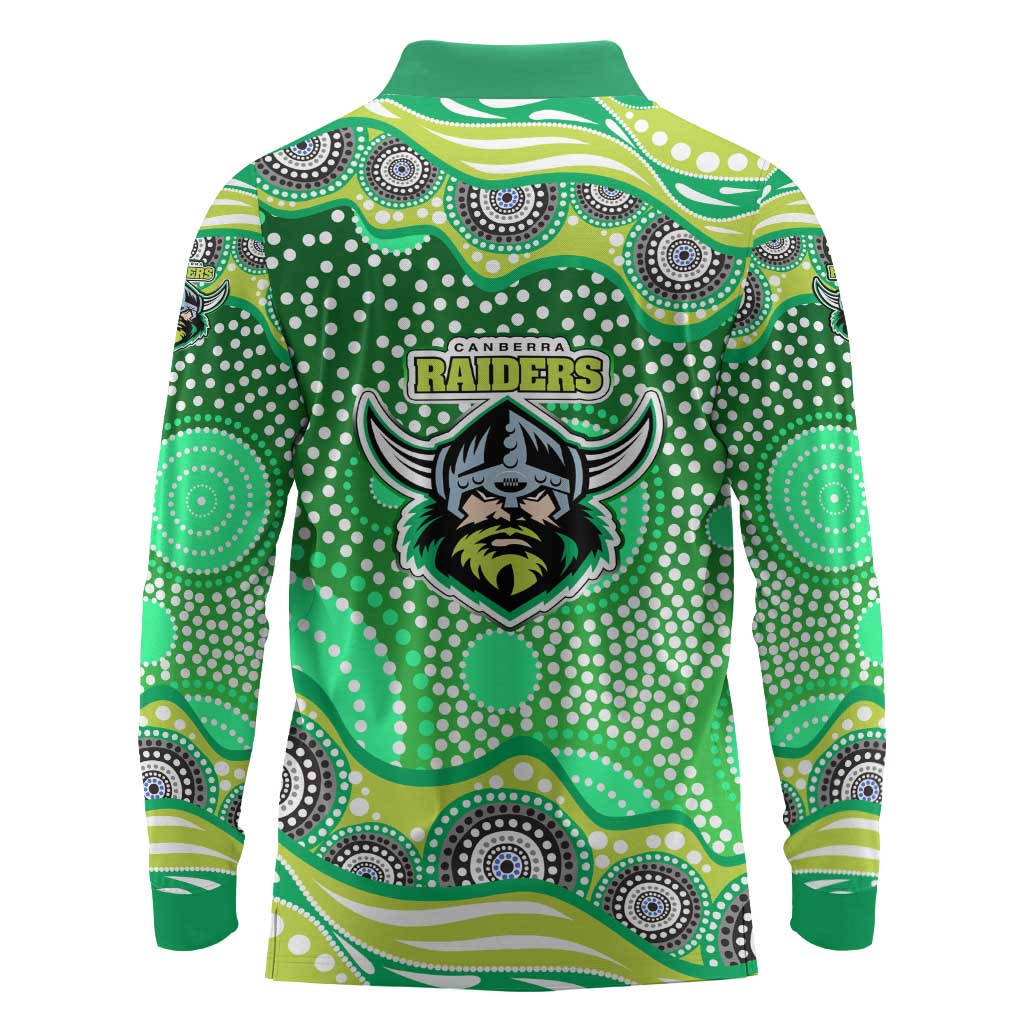 Canberra Raiders Long Sleeve Polo Shirt Aboriginal Dot Pattern - Rugby Mascot Heritage Pride