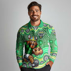Canberra Raiders Long Sleeve Polo Shirt Aboriginal Dot Pattern - Rugby Mascot Heritage Pride