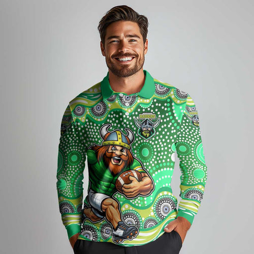Canberra Raiders Long Sleeve Polo Shirt Aboriginal Dot Pattern - Rugby Mascot Heritage Pride