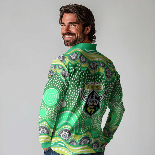 Canberra Raiders Long Sleeve Polo Shirt Aboriginal Dot Pattern - Rugby Mascot Heritage Pride