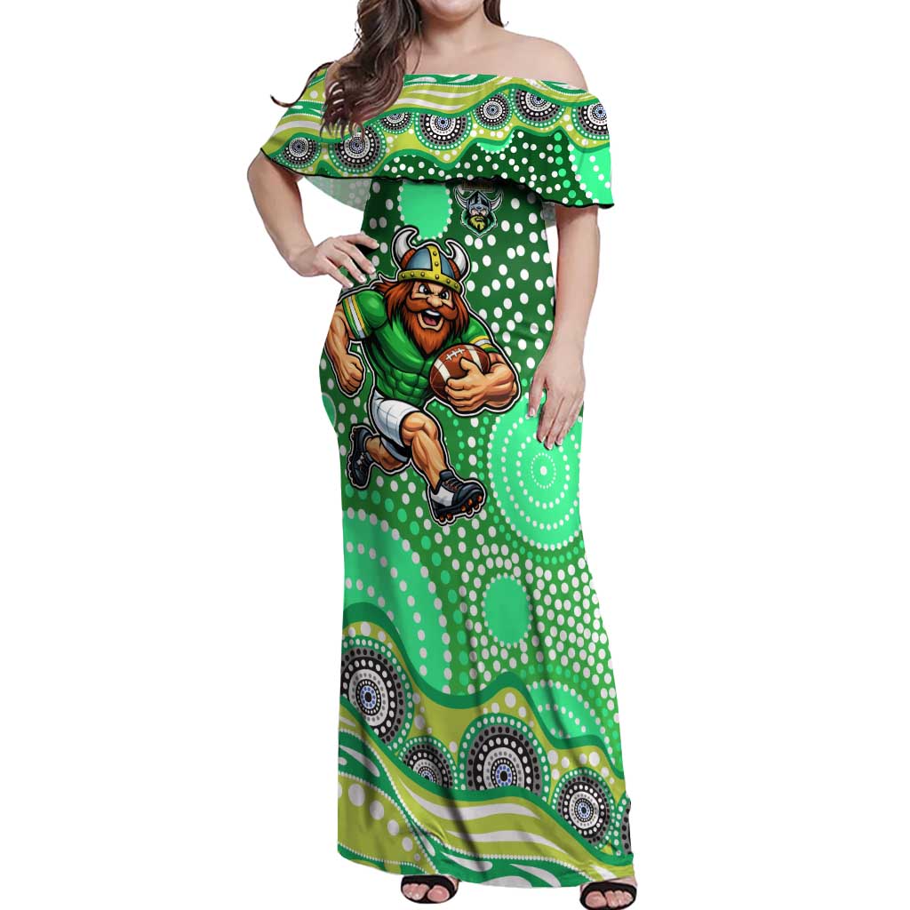 Canberra Raiders Off Shoulder Maxi Dress Aboriginal Dot Pattern - Rugby Mascot Heritage Pride