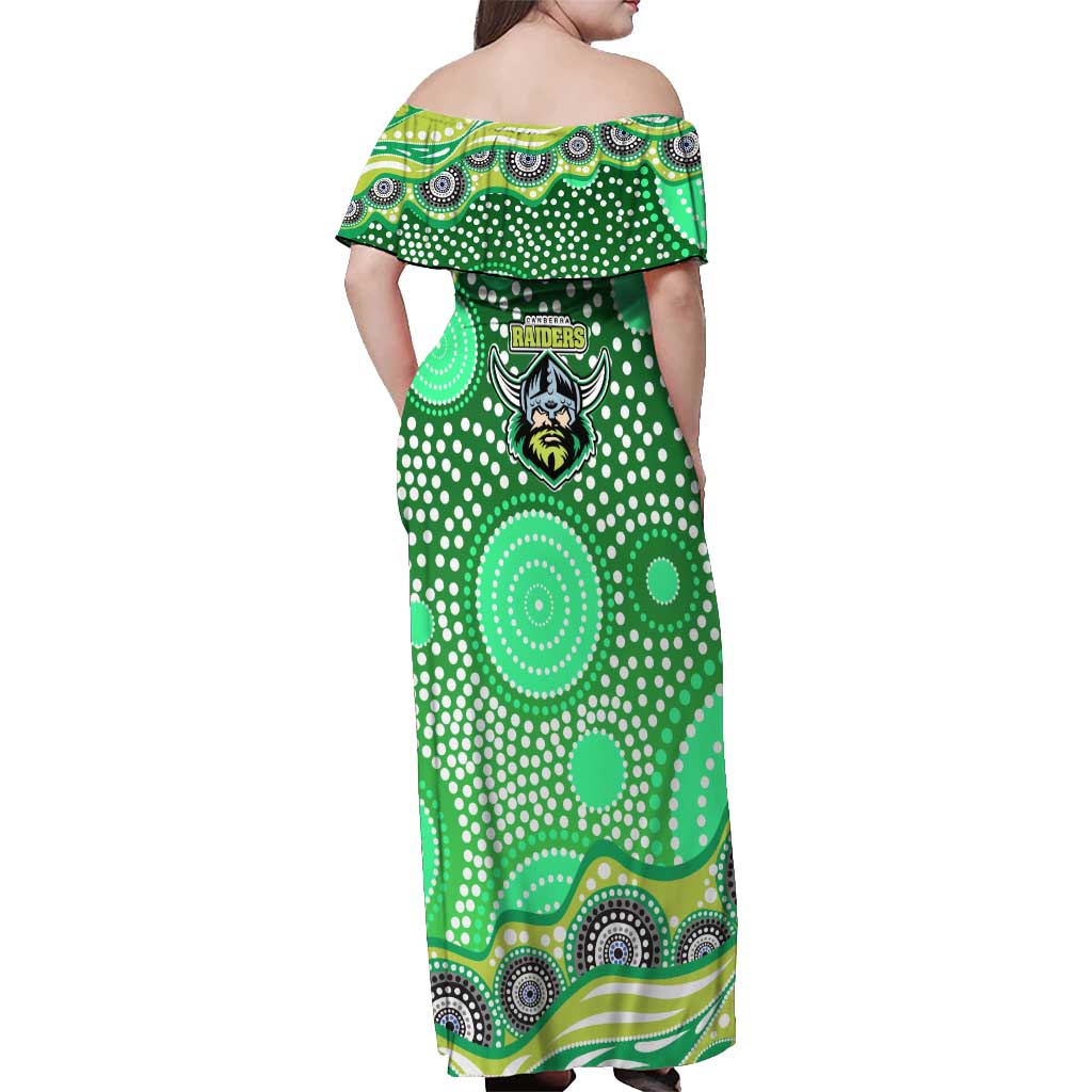 Canberra Raiders Off Shoulder Maxi Dress Aboriginal Dot Pattern - Rugby Mascot Heritage Pride
