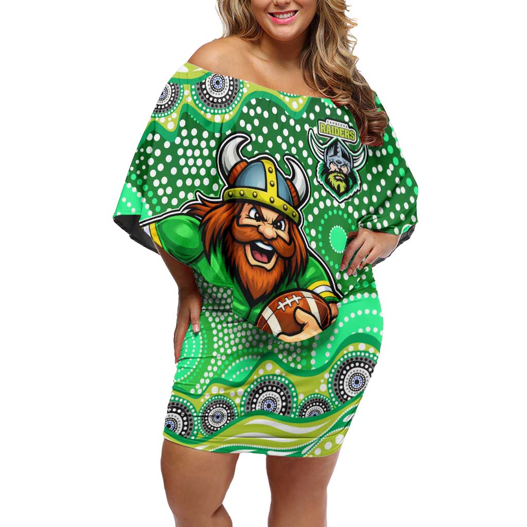 Canberra Raiders Off Shoulder Short Dress Aboriginal Dot Pattern - Rugby Mascot Heritage Pride
