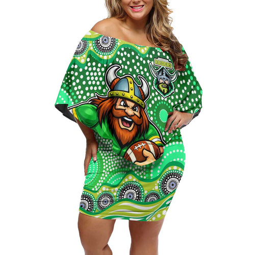 Canberra Raiders Off Shoulder Short Dress Aboriginal Dot Pattern - Rugby Mascot Heritage Pride