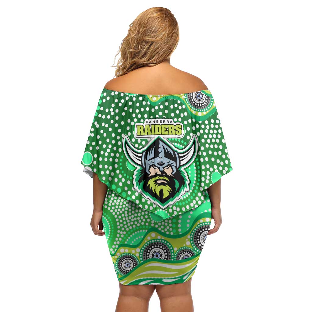 Canberra Raiders Off Shoulder Short Dress Aboriginal Dot Pattern - Rugby Mascot Heritage Pride
