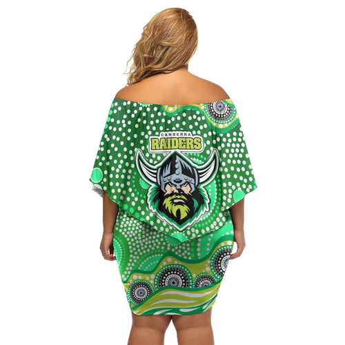 Canberra Raiders Off Shoulder Short Dress Aboriginal Dot Pattern - Rugby Mascot Heritage Pride