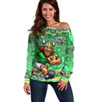 Canberra Raiders Off Shoulder Sweater Aboriginal Dot Pattern - Rugby Mascot Heritage Pride