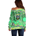 Canberra Raiders Off Shoulder Sweater Aboriginal Dot Pattern - Rugby Mascot Heritage Pride